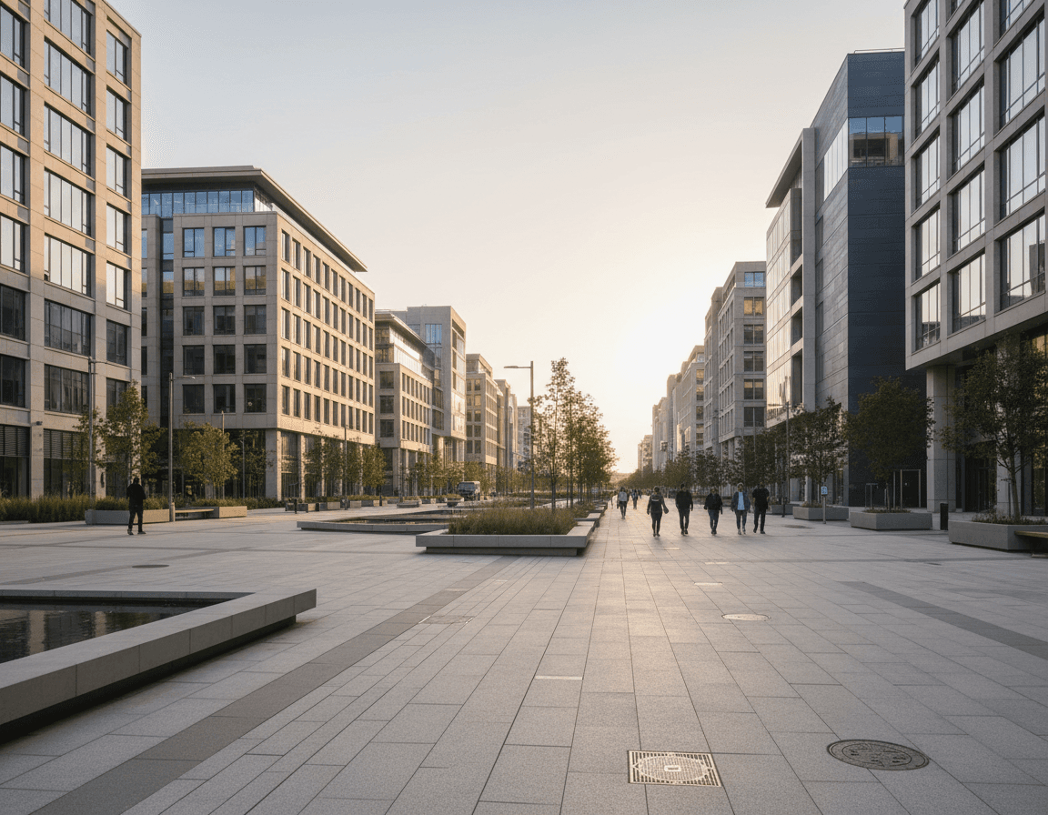 Mixed-use district streetscape with civic infrastructure.